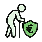 Eine Person mit Gehstock neben einem grünen Schild mit Eurozeichen, symbolisch für finanzielle Absicherung im Alter.