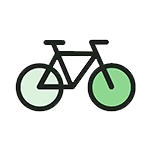 Ein stilisiertes Fahrradsymbol mit grün eingefärbten Rädern und schwarzem Rahmen auf transparentem Hintergrund.