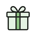 Ein Geschenkpaket mit Schleife, in der Mitte ein rundes Symbol mit Eurozeichen, farblich in Grün- und Schwarztönen gehalten.