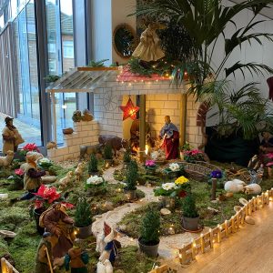 Eine große, detailreiche Weihnachtskrippe mit zahlreichen Figuren, Tieren, Pflanzen und Lichtern ist im Innenbereich vor einem Fenster aufgebaut.