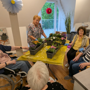 Pflanzaktion im St.-Elisabeth-Haus der Franziskus GmbH mit selbst gestalteten Blumenkästen.