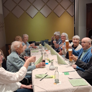 Kleine Gruppe beim Abendessen und Anstoßen im Restaurant.